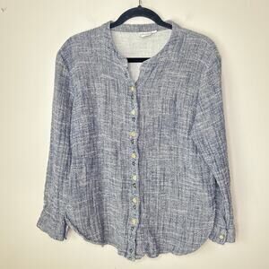 White Crow Linen Cotton Button Front Long Sleeve Embroidered Flowers Top‎ Large